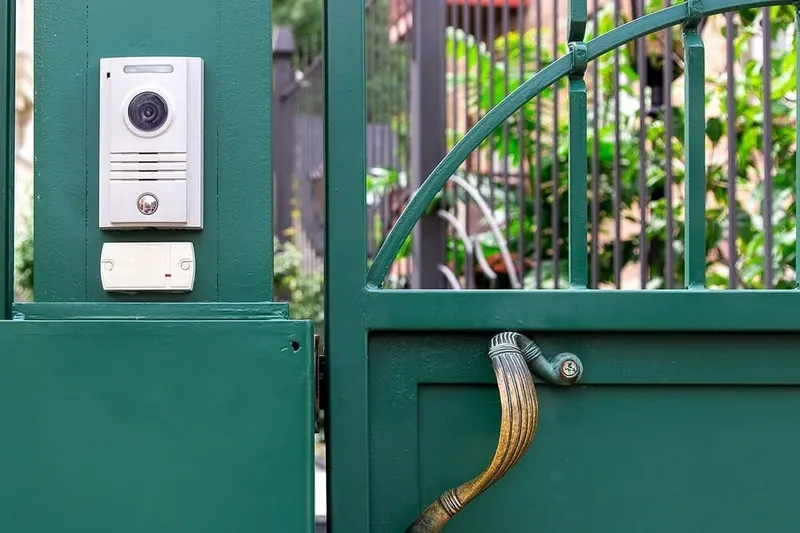 A telephone entry call box mounted on a post at a gated entrance