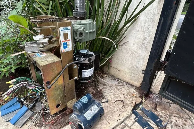An Elite swing gate operator arm connected to a metal gate frame