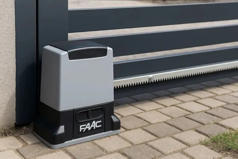 Close view of a FAAC operator housing opened for service, showing the hydraulic pump and control board inside