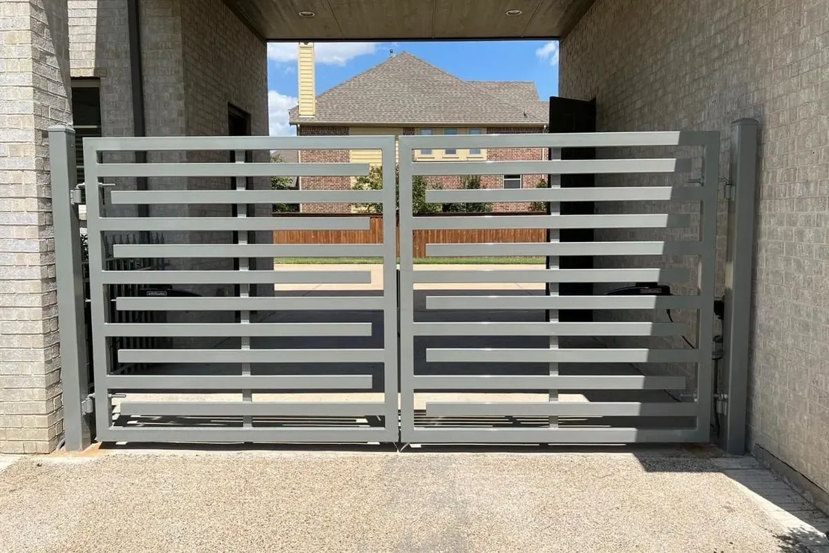 A newly installed cantilever gate at a commercial yard entrance